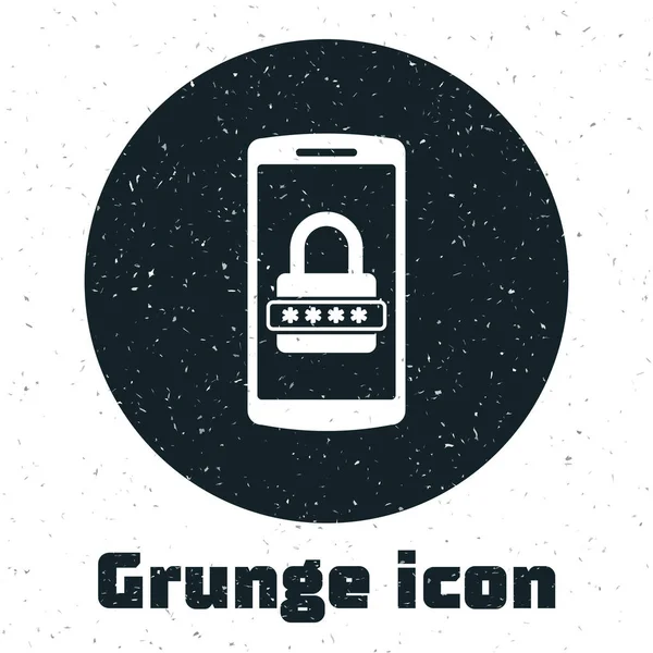 Grunge-Handy und Passwortschutzsymbol isoliert auf weißem Hintergrund. Sicherheit, persönlicher Zugang, Benutzerberechtigung, Privatsphäre. Vektorillustration — Stockvektor