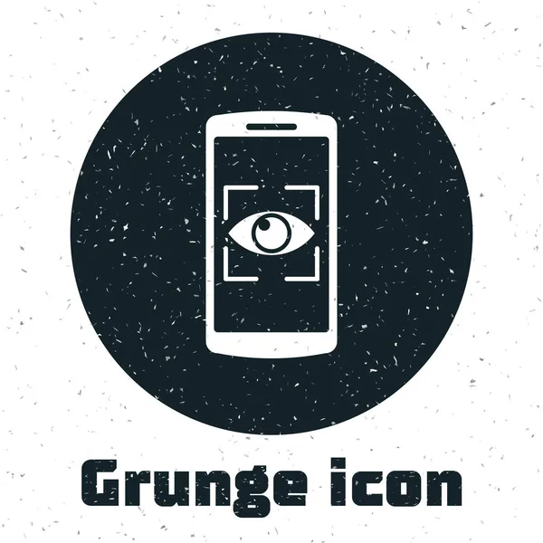 Grunge-Handy und Auge-Scan-Symbol isoliert auf weißem Hintergrund. Augen abtasten. Sicherheitsüberprüfungssymbol. Cyber-Augenzeichen. Vektorillustration — Stockvektor