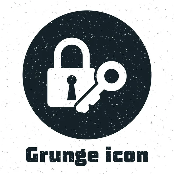 Grunge Lock y el icono de la llave aislados sobre fondo blanco. Señal de candado. Seguridad, seguridad, protección, concepto de privacidad. Ilustración vectorial — Vector de stock