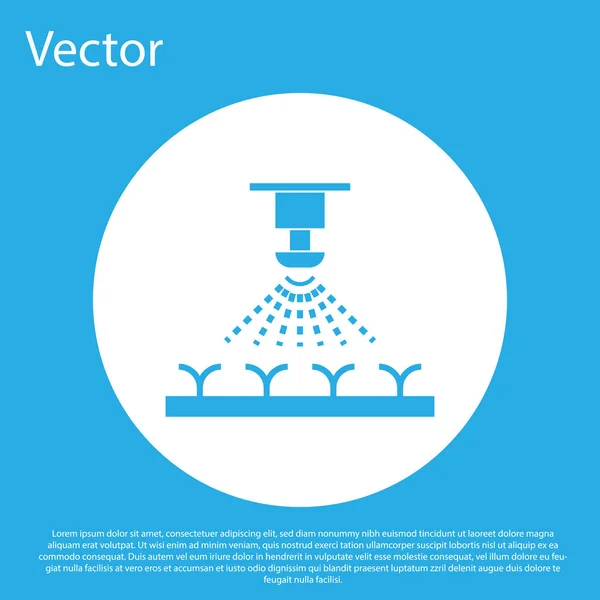 Blaue automatische Bewässerungsregner Symbol isoliert auf blauem Hintergrund. Bewässerungsanlagen. Gartenelement. Spritzpistolen-Symbol. weißer Kreis-Knopf. Vektorillustration — Stockvektor