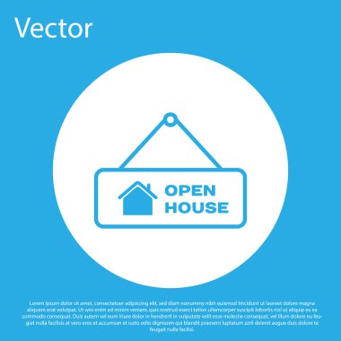 Metin Açık ev simgesi mavi arka plan üzerinde izole ile Mavi Asılı işareti. Metin Açık ev ile tabela. Beyaz daire düğmesi. Vektör İllüstrasyonu
