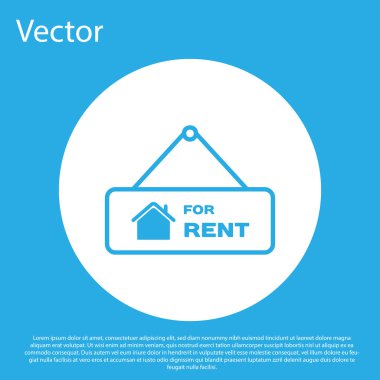 Mavi arka planda yalıtılmış Kiralık metin simgesinin yer verdiği Mavi Asılı işareti. Kiralık metinli tabela. Beyaz daire düğmesi. Vektör İllüstrasyonu
