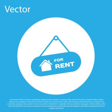 Mavi arka planda yalıtılmış Kiralık metin simgesinin yer verdiği Mavi Asılı işareti. Kiralık metinli tabela. Beyaz daire düğmesi. Vektör İllüstrasyonu