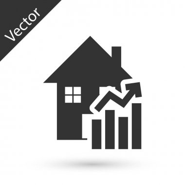 Gri Beyaz arka plan üzerinde izole konut simgesinin yükselen maliyeti. Gayrimenkulün yükselen fiyatı. Konut grafiği artar. Vektör İllüstrasyonu