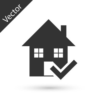 Beyaz arka planda işaretleme simgesine sahip gri ev. Emlakçı ya da köy elit sınıfı. Vektör İllüstrasyonu