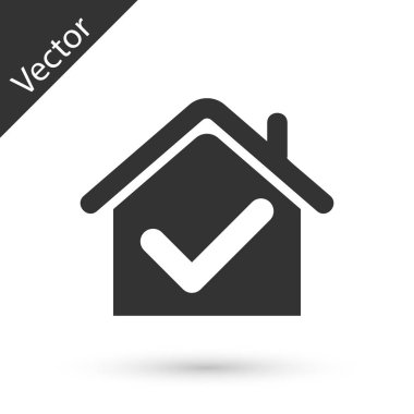 Beyaz arka planda işaretleme simgesine sahip gri ev. Emlakçı ya da köy elit sınıfı. Vektör İllüstrasyonu