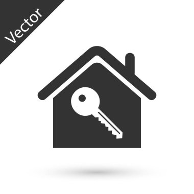 Anahtar simgesine sahip Gri Ev beyaz arka planda izole edilmiş. Ev anahtarının konsepti. Vektör İllüstrasyonu