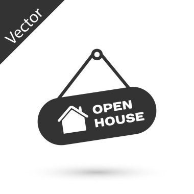 Metin Açık ev simgesi beyaz arka plan üzerinde izole ile Gri Asılı işareti. Metin Açık ev ile tabela. Vektör İllüstrasyonu