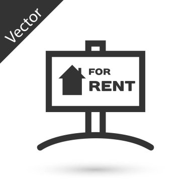 Beyaz arka planda yalıtılmış Kiralık metin simgesinin yer verdiği Gri Asılı işareti. Kiralık metinli tabela. Vektör İllüstrasyonu