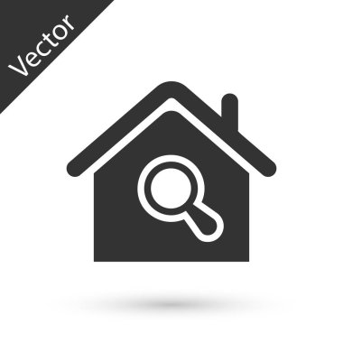 Gri Arama Evi simgesi beyaz arkaplanda izole edildi. Büyüteç altındaki bir evin emlak sembolü. Vektör İllüstrasyonu