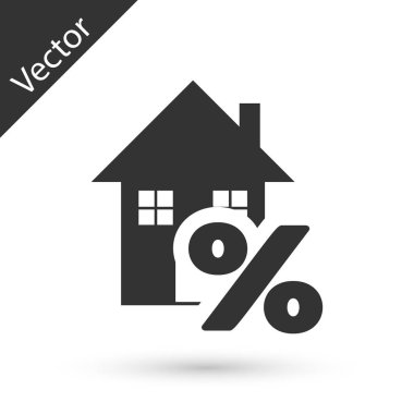 Beyaz arka planda izole percant indirim etiketi simgesi ile Gri House. Ev yüzdesi işaret fiyatı. Emlak evi. Kredi yüzdesi sembolü. Vektör İllüstrasyonu