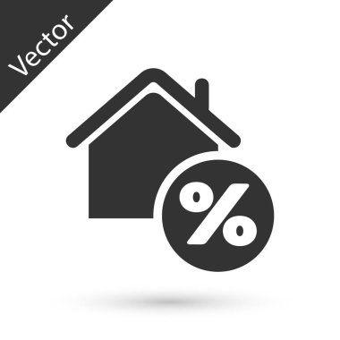 Beyaz arka planda izole percant indirim etiketi simgesi ile Gri House. Ev yüzdesi işaret fiyatı. Emlak evi. Kredi yüzdesi sembolü. Vektör İllüstrasyonu