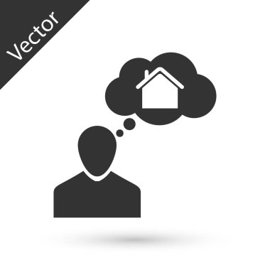 Gri Adam beyaz arka plan üzerinde izole yeni bir ev simgesi satın alma hakkında hayal. Vektör İllüstrasyonu