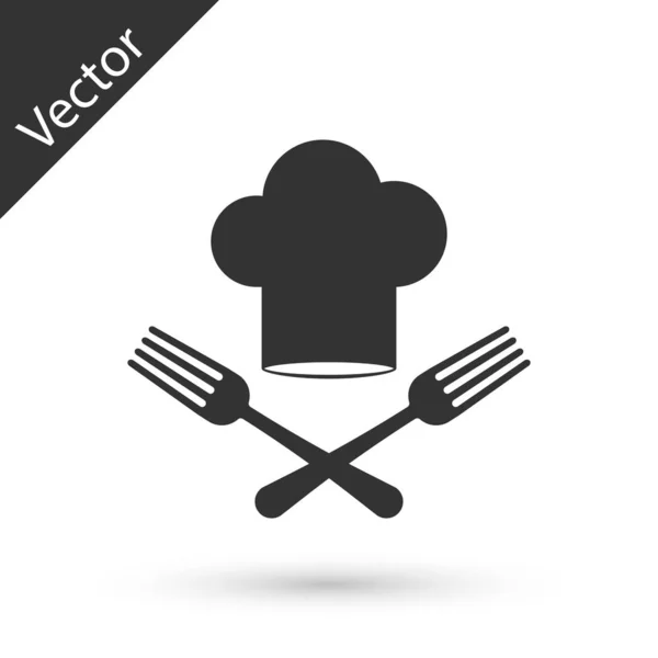 Sombrero de chef gris e icono de tenedor cruzado aislado sobre fondo blanco. Símbolo de cocina. Menú del restaurante. Sombrero de cocina. Ilustración vectorial — Vector de stock
