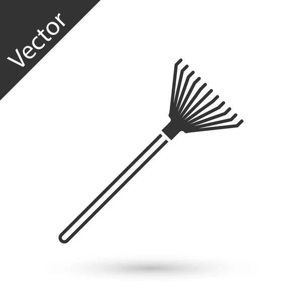 Grey Garden rake for leaves icon isolated on white background. Tool for horticulture, agriculture, farming. Ground cultivator. Vector Illustration — Stock Vector