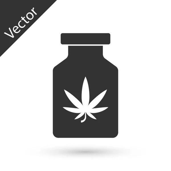 Graue medizinische Flasche mit Marihuana oder Cannabisblatt-Symbol auf weißem Hintergrund. Attrappe von Cannabisöl-Extrakten in Gläsern. Vektorillustration — Stockvektor