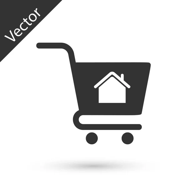 Carrito de compras gris con icono de la casa aislado sobre fondo blanco. Comprar concepto de casa. Concepto de préstamo hipotecario, alquiler, compra de una propiedad. Ilustración vectorial — Vector de stock