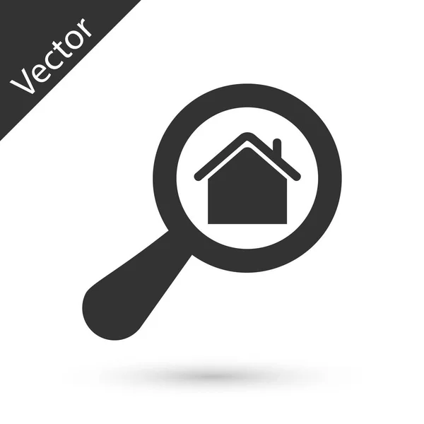 Icono de casa de búsqueda gris aislado sobre fondo blanco. Símbolo inmobiliario de una casa bajo lupa. Ilustración vectorial — Vector de stock