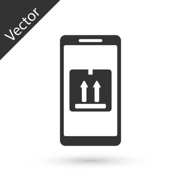 Šedý mobilní telefon s ikonou pro sledování doručení aplikace, izolovaný na bílém pozadí. Sledování pozemků. Vektorová ilustrace — Stockový vektor