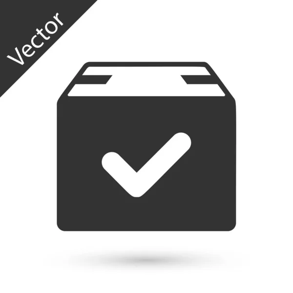 Caixa de pacote cinza com ícone de marca de seleção isolado no fundo branco. Caixa de encomendas com marca de verificação. Entrega aprovada ou recibo de pacote bem sucedido. Ilustração vetorial — Vetor de Stock