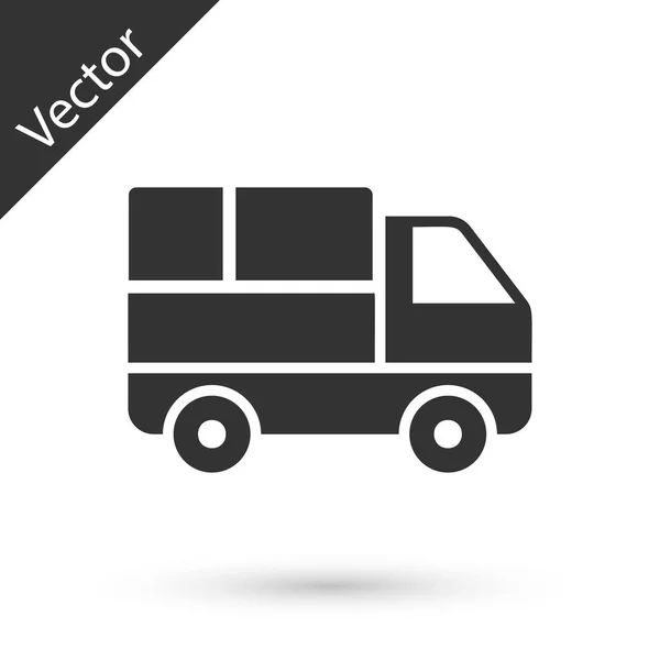 Camión de reparto gris con cajas de cartón detrás del icono aislado sobre fondo blanco. Ilustración vectorial — Vector de stock