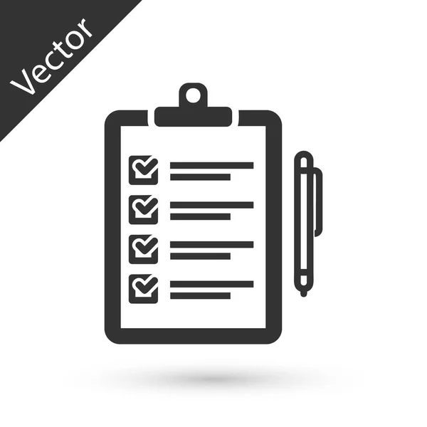 Grey Verification of delivery list clipboard and pen icon isolated on white background. Ilustração vetorial — Vetor de Stock