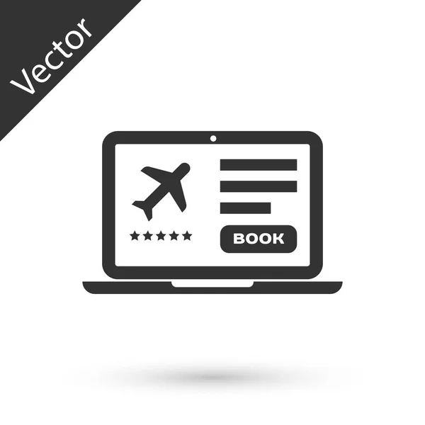 Grauer Laptop mit elektronischem Bordkartensymbol auf weißem Hintergrund. Handyticket für das Passagierflugzeug für Web und App. Vektorillustration — Stockvektor