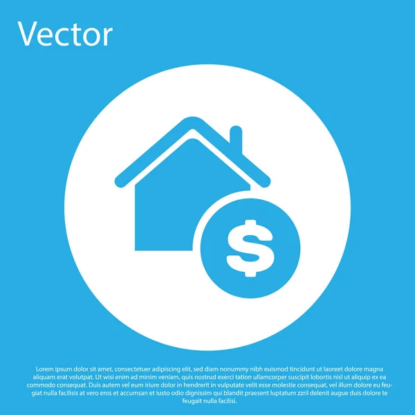 Blaues Haus mit Dollarsymbol auf blauem Hintergrund. Haus und Geld. Immobilienkonzept. weißer Kreis-Knopf. Vektorillustration — Stockvektor