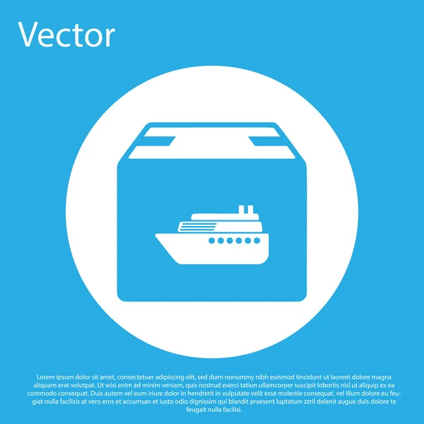 Blue Cargo ship with boxes delivery service icon isolated on blue background. Delivery, transportation. Freighter with parcels, boxes, goods. White circle button. Vector Illustration