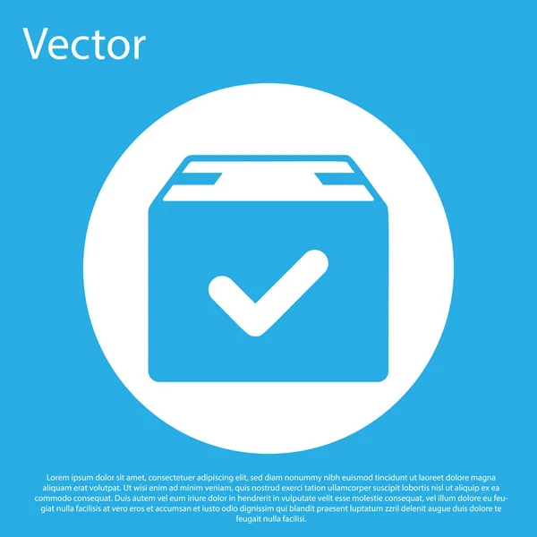 Caja de paquete azul con icono de marca de verificación aislado sobre fondo azul. Casilla de paquete con marca de verificación. Entrega aprobada o recibo del paquete con éxito. Botón círculo blanco. Ilustración vectorial — Archivo Imágenes Vectoriales