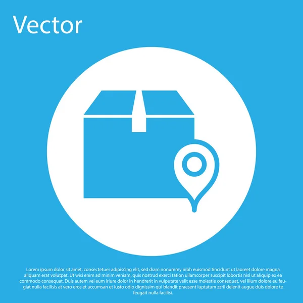 Ubicación azul con icono de caja de cartón aislado sobre fondo azul. Servicios de entrega, logística y transporte, reubicación, distribución. Botón círculo blanco. Ilustración vectorial — Vector de stock