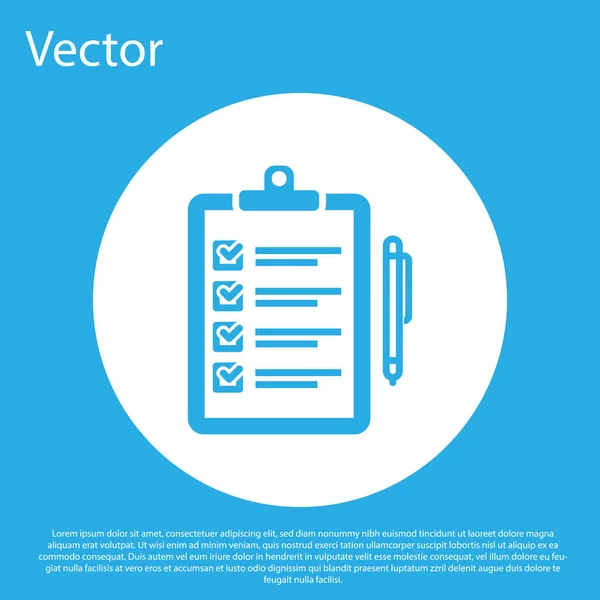 Blue Verification of delivery list clipboard and pen icon isolated on blue background (en inglés). Botón círculo blanco. Ilustración vectorial — Vector de stock