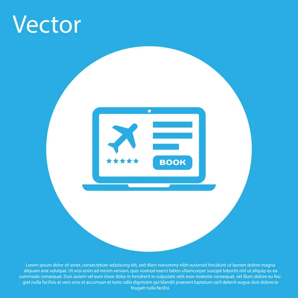 Blauer Laptop mit elektronischem Bordkartensymbol auf blauem Hintergrund. Handyticket für das Passagierflugzeug für Web und App. weißer Kreis-Knopf. Vektorillustration — Stockvektor