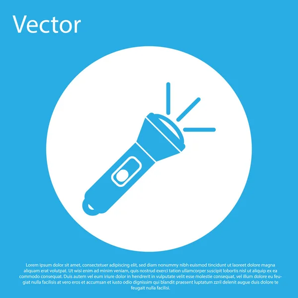 Blaue Taschenlampe Symbol isoliert auf blauem Hintergrund. Weißer Kreis-Knopf. Vektorillustration — Stockvektor