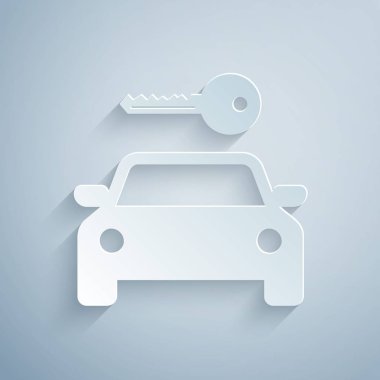 Kağıt kesme Araç kiralama simgesi gri arka plan üzerinde izole. Araba tabelası kirala. Araba ile anahtar. Otomobil tamir servisi, yedek parça deposu için konsept. Kağıt sanat tarzı. Vektör İllüstrasyonu