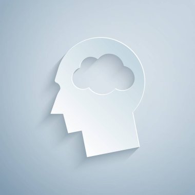 Kağıt, gri arka planda izole edilmiş bulut simgesiyle Kafa siluetini kesti. Rüya burcu. Kağıt sanat tarzı. Vektör İllüstrasyonu