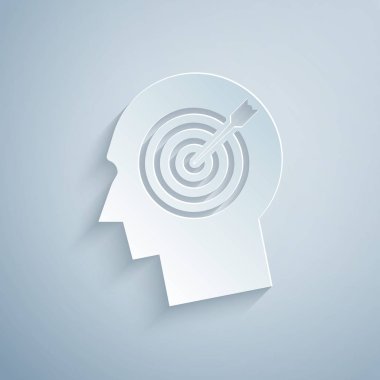 Kağıt gri arka plan üzerinde izole Baş avcılık kavram simgesi kesti. İş hedefi veya İstihdam işareti. İnsan kaynakları ve iş için işe alım. Kağıt sanat tarzı. Vektör İllüstrasyonu