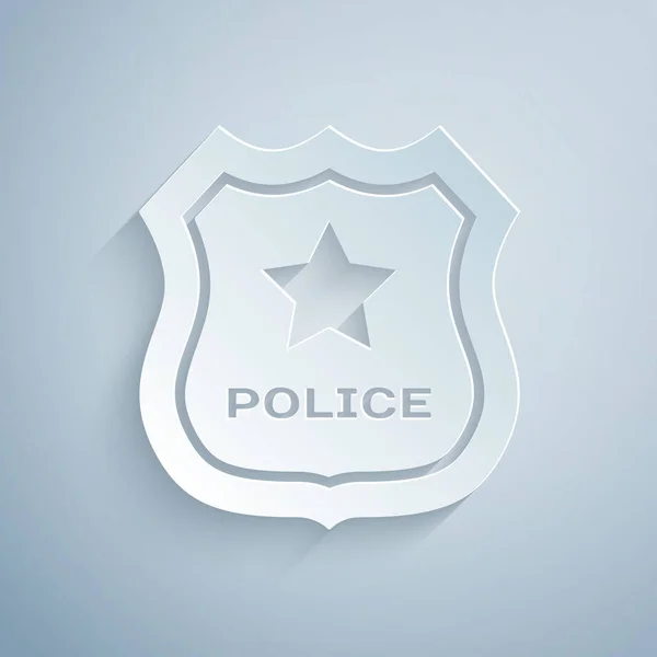 紙切れ警察バッジアイコンは、灰色の背景に隔離されています。保安官のバッジサインペーパーアートスタイル。ベクトルイラストレーション — ストックベクタ