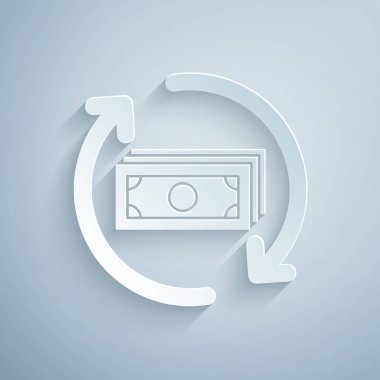 Kağıt kesme Para iadesi para simgesi gri arka plan üzerinde izole. Finansal hizmetler, nakit iade kavramı, para iadesi, yatırım getirisi, tasarruf hesabı. Kağıt sanat tarzı. Vektör İllüstrasyonu