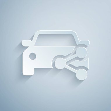 Kağıt kesme Araba paylaşım simgesi gri arka plan üzerinde izole. Araba paylaşım işareti. Ulaşım kiralama hizmeti konsepti. Kağıt sanat tarzı. Vektör İllüstrasyonu