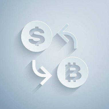 Kağıt kesme Cryptocurrency döviz simgesi gri arka plan üzerinde izole. Bitcoin'den dolar bozdurma simgesine. Kripto para teknolojisi, mobil bankacılık. Kağıt sanat tarzı. Vektör İllüstrasyonu