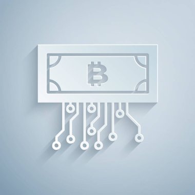 Kağıt gri arka plan üzerinde izole mikroçip devre simgesi ile daire içinde Cryptocurrency bitcoin kesti. Blockchain teknolojisi, dijital para piyasası. Kağıt sanat tarzı. Vektör İllüstrasyonu