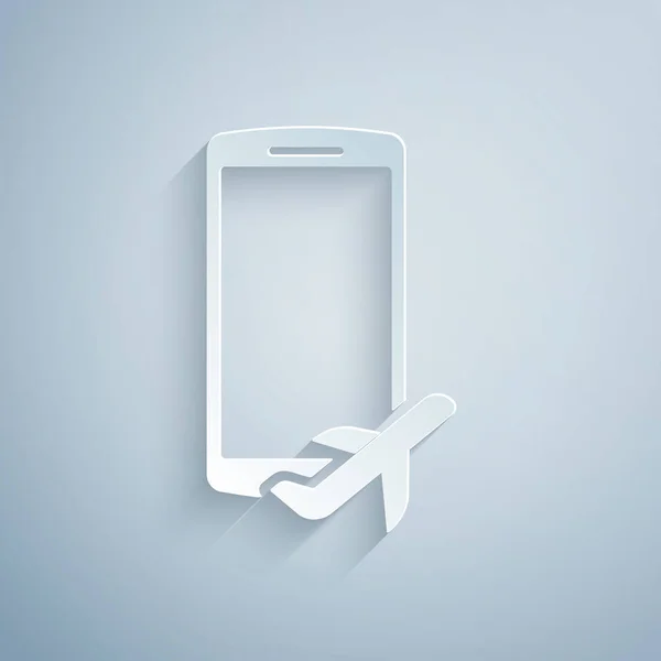 Papier cut vliegmodus in het mobiele telefoonpictogram geïsoleerd op een grijze achtergrond. Vliegtuig of vliegtuig vlucht offline modus passagier verordening luchtvaartmaatschappij. Papier kunststijl. Vector illustratie — Stockvector