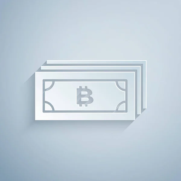 Corte de papel Bitcoin criptomoneda en círculo con icono de circuito de microchip aislado sobre fondo gris. Tecnología blockchain, mercado de dinero digital. Estilo de arte de papel. Ilustración vectorial — Vector de stock