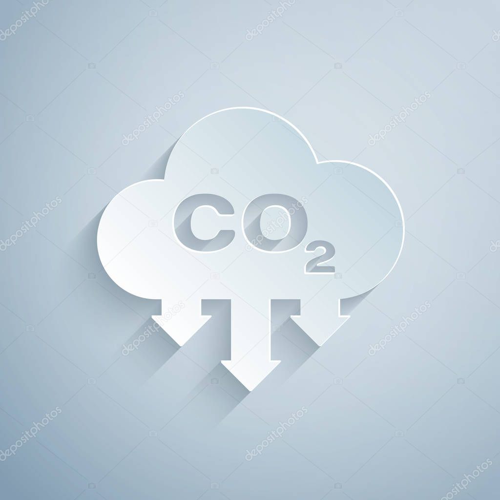 Paper cut CO2 emissions in cloud icon isolated on grey background. Carbon dioxide formula symbol, smog pollution concept, environment concept. Paper art style. Vector Illustration