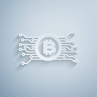 Kağıt gri arka plan üzerinde izole mikroçip devre simgesi ile daire içinde Cryptocurrency bitcoin kesti. Blockchain teknolojisi, dijital para piyasası. Kağıt sanat tarzı. Vektör İllüstrasyonu