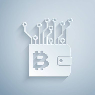 Kağıt kesilmiş Cryptocurrency cüzdan simgesi gri arka planda yalıtılmış. Cüzdan ve bitcoin işareti. Madencilik konsepti. Para, ödeme, nakit, ödeme simgesi. Kağıt sanat tarzı. Vektör İllüstrasyonu