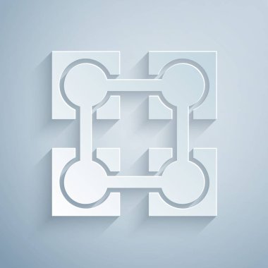 Kağıt kesme Blockchain teknoloji simgesi gri arka plan üzerinde izole. Kripto para birimi verileri. Soyut geometrik blok zincir ağ teknolojisi iş. Kağıt sanat tarzı. Vektör İllüstrasyonu