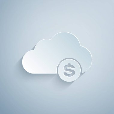 Kağıt kesme Cryptocurrency bulut madenciliği simgesi gri arka plan üzerinde yalıtılmış. Blockchain teknolojisi, bitcoin, dijital para piyasası, kripto para cüzdanı. Kağıt sanat tarzı. Vektör İllüstrasyonu