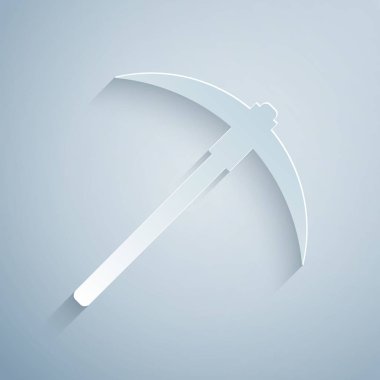 Kağıt kesme Kazma simgesi gri arka plan üzerinde izole. Blockchain teknolojisi, kripto para madenciliği, bitcoin, dijital para piyasası, kripto para cüzdanı. Kağıt sanat tarzı. Vektör İllüstrasyonu